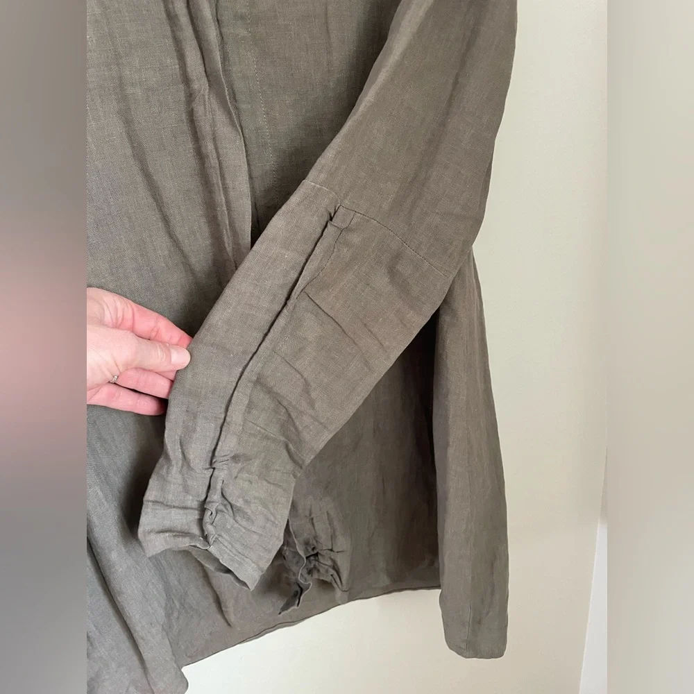Sarah Pacini Italy 100% Linen Lagenlook Shirt Jacket Taupe S Granola Gorpcore - Picture 11 of 12